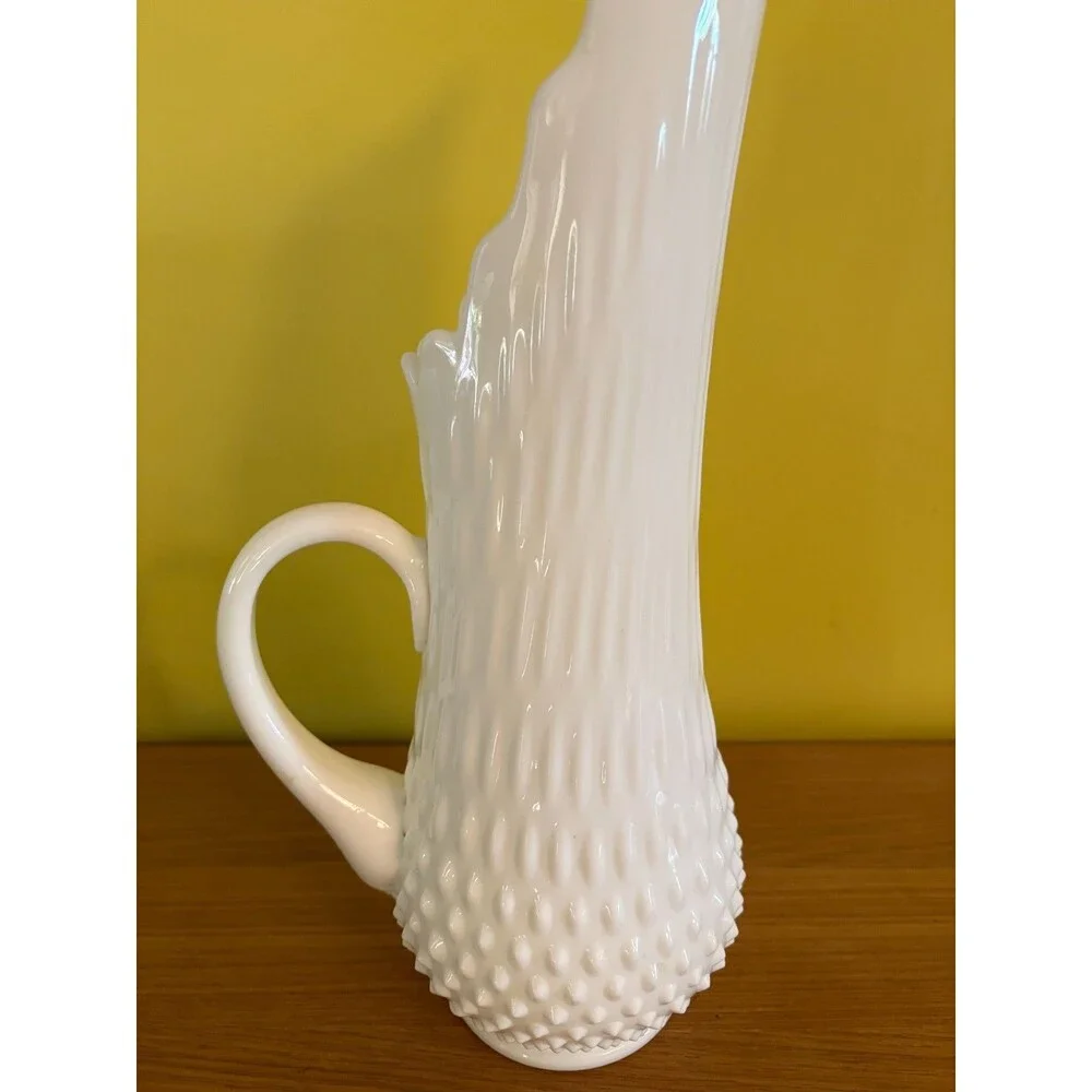 Vintage Fenton Hobnail Milk Glass 16 Finger Swung Pitcher Vase 15